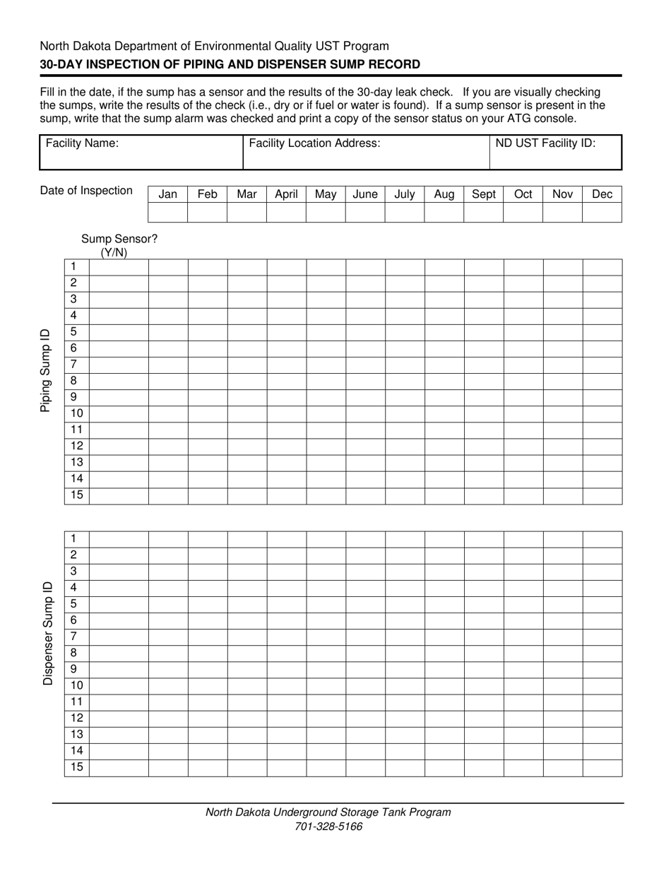 North Dakota 30-day Inspection of Piping and Dispenser Sump Record ...