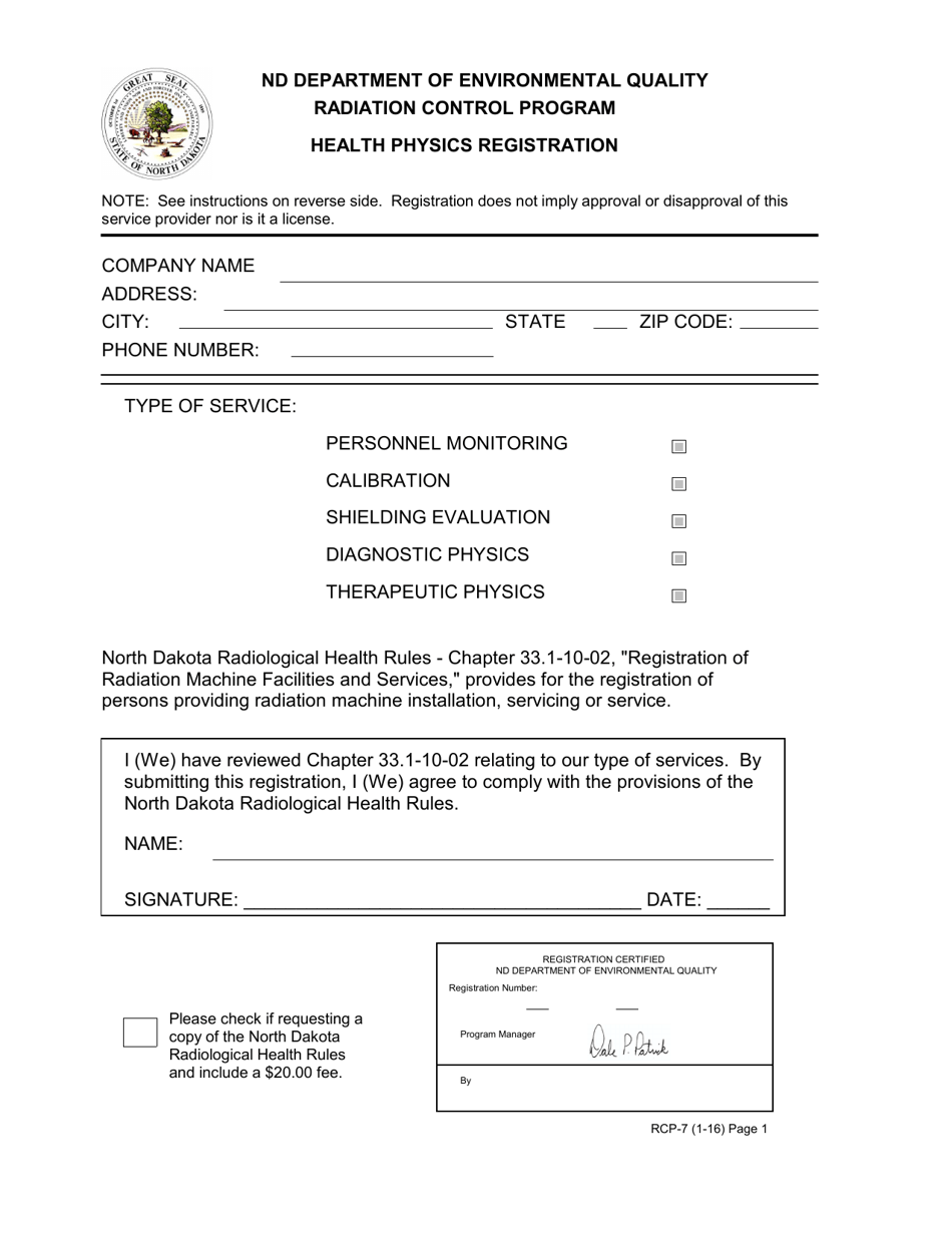 Form RCP-7 Health Physics Registration - North Dakota, Page 1