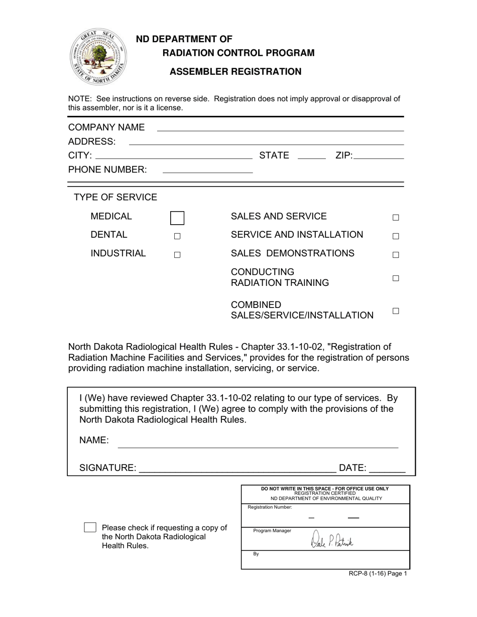 Form RCP-8 Assembler Registration - North Dakota, Page 1