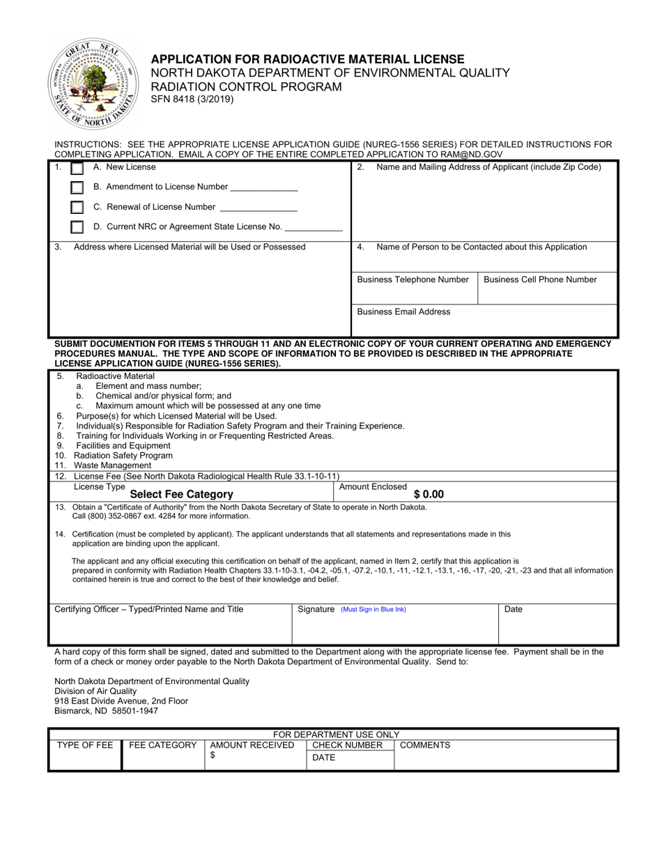 Form SFN8418 Application for Radioactive Material License - North Dakota, Page 1