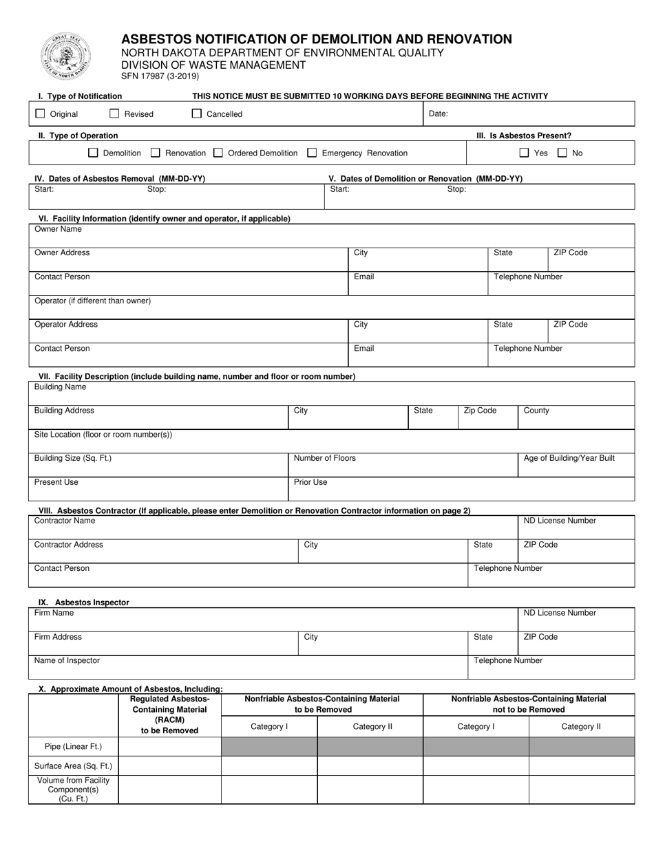 Form SFN17987 Asbestos Notification of Demolition and Renovation - North Dakota, Page 1