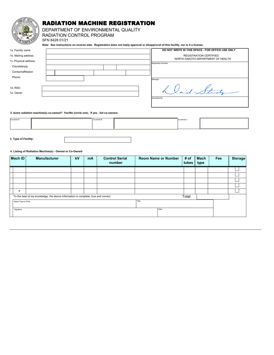 Form SFN8428 Radiation Machine Registration - North Dakota, Page 1