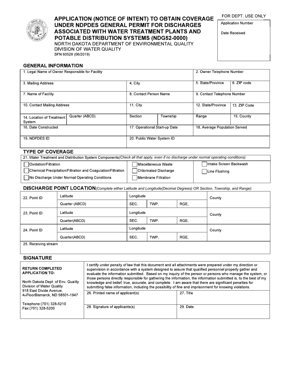 Form SFN60528 Application (Notice of Intent) to Obtain Coverage Under Ndpdes General Permit for Discharges Associated With Water Treatment Plants and Potable Distribution Systems (Ndg52-0000) - North Dakota, Page 1