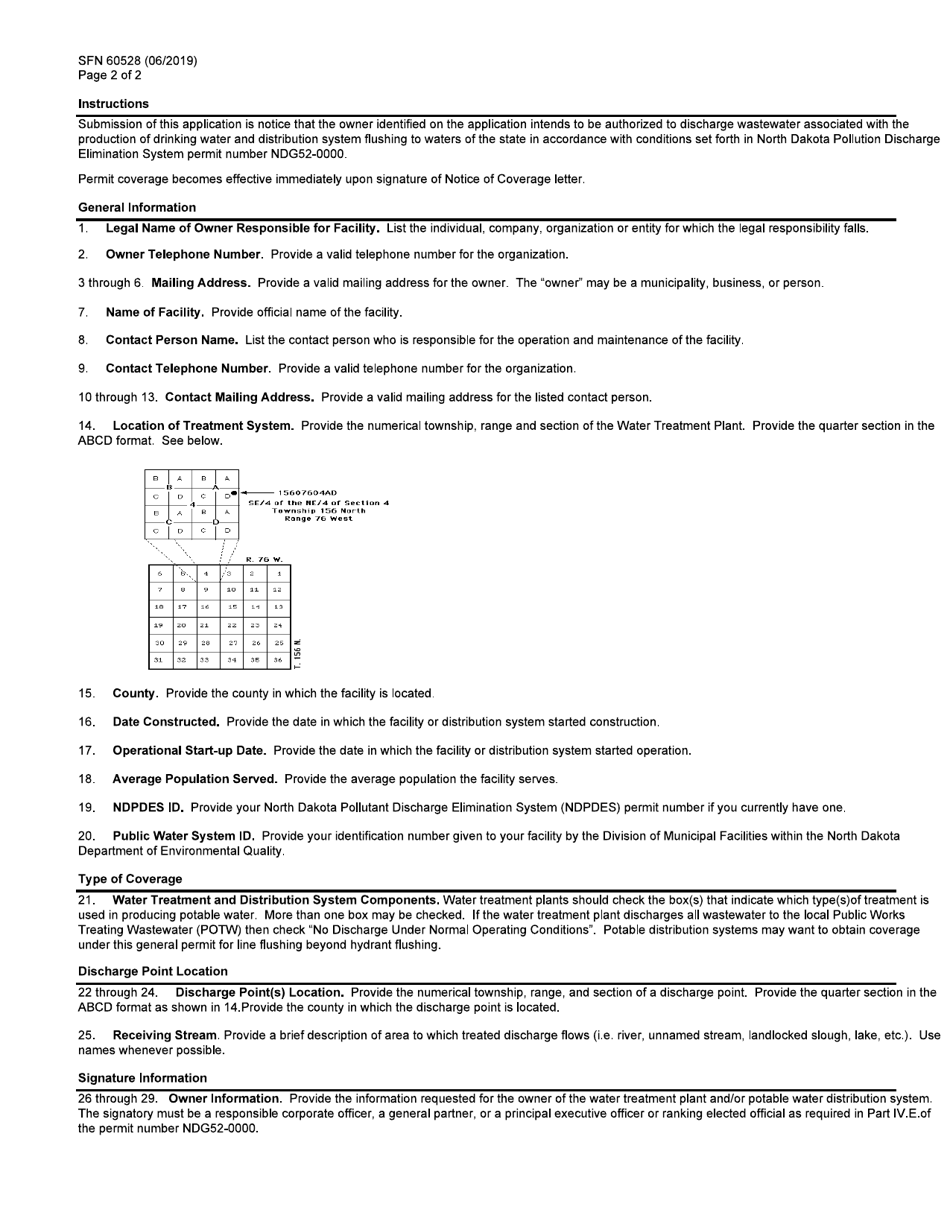 Form SFN60528 Application (Notice of Intent) to Obtain Coverage Under Ndpdes General Permit for Discharges Associated With Water Treatment Plants and Potable Distribution Systems (Ndg52-0000) - North Dakota, Page 2