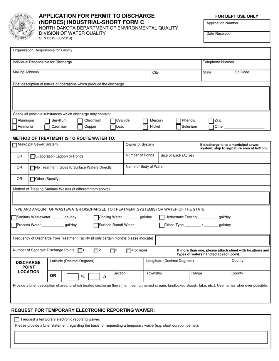 Short Form C (SFN8319) Application for Permit to Discharge (Ndpdes) Industrial - North Dakota, Page 1