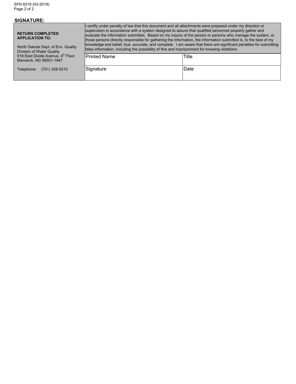 Short Form C (SFN8319) Application for Permit to Discharge (Ndpdes) Industrial - North Dakota, Page 2