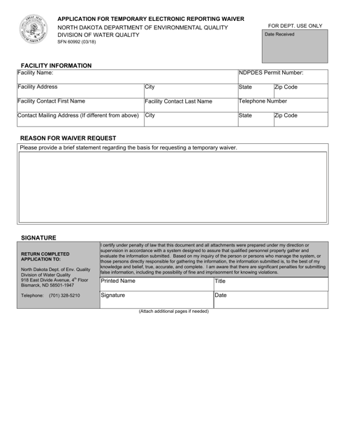 Form SFN60992 Application for Temporary Electronic Reporting Waiver - North Dakota