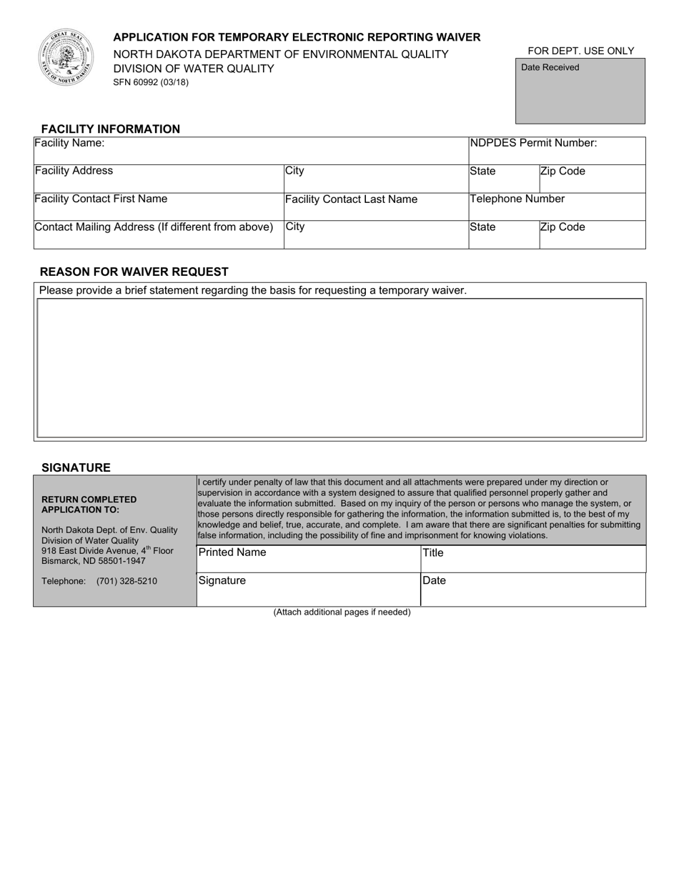 Form SFN60992 Application for Temporary Electronic Reporting Waiver - North Dakota, Page 1