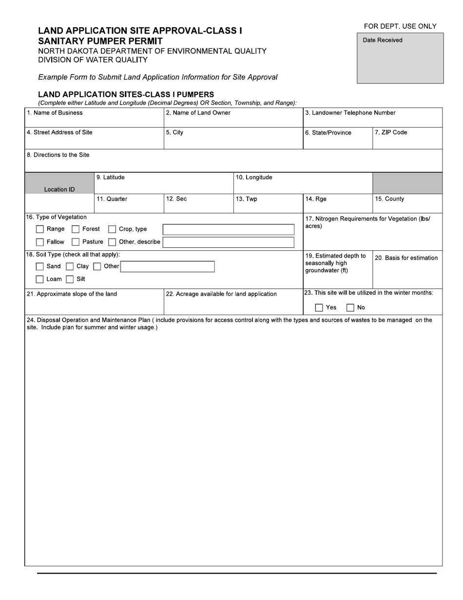 North Dakota Land Application Site Approval - Class I Sanitary Pumper ...