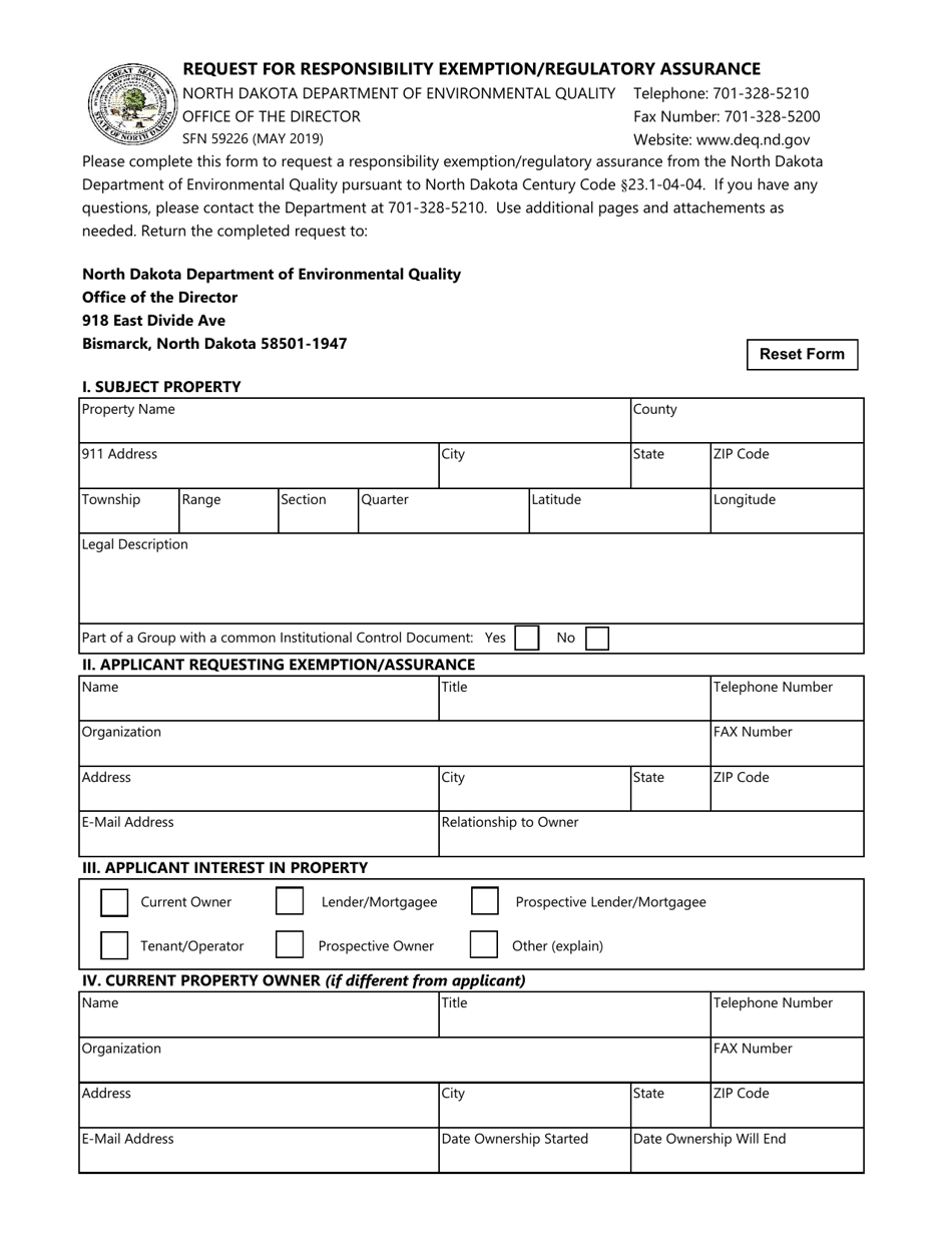 Form SFN59226 Request for Responsibility Exemption / Regulatory Assurance - North Dakota, Page 1