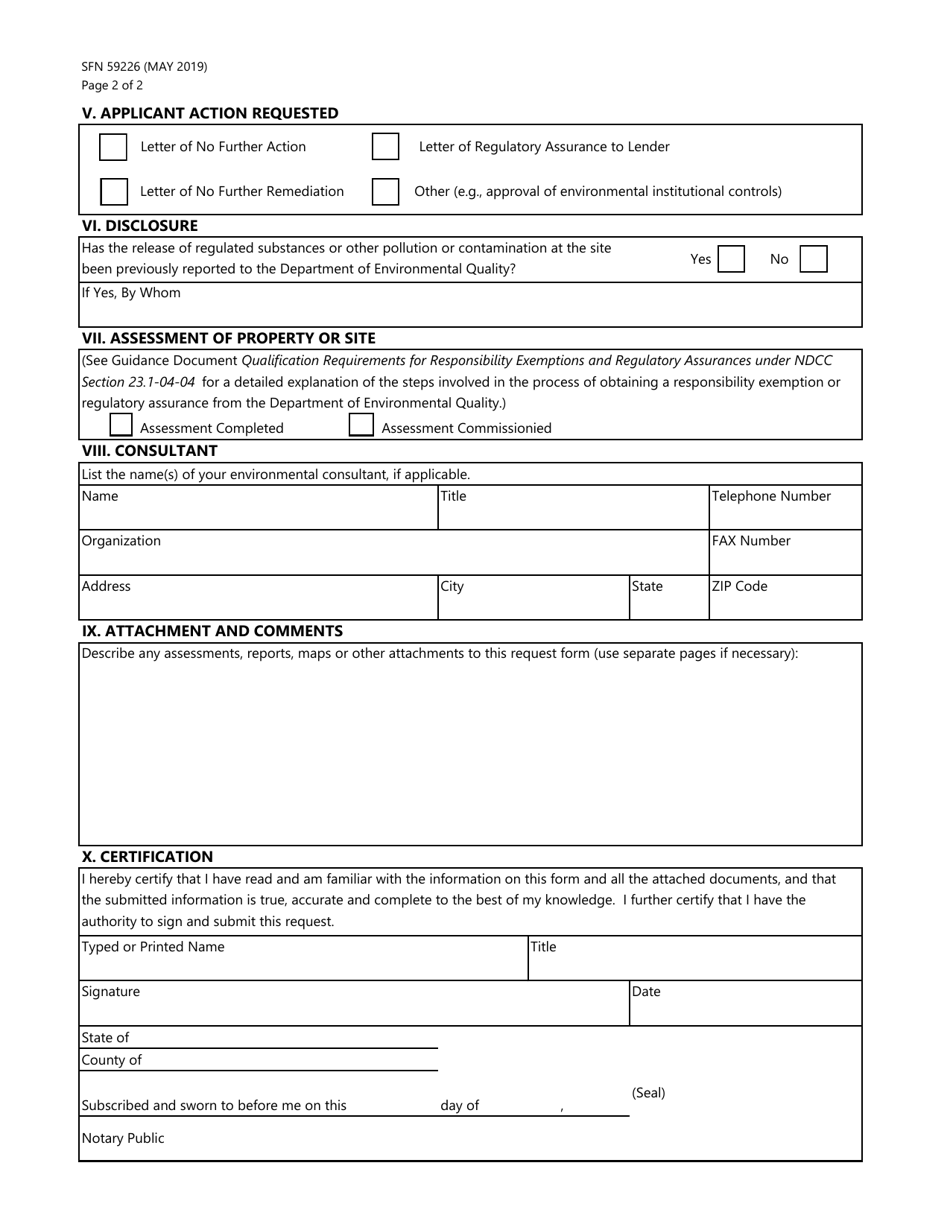 Form SFN59226 Request for Responsibility Exemption / Regulatory Assurance - North Dakota, Page 2