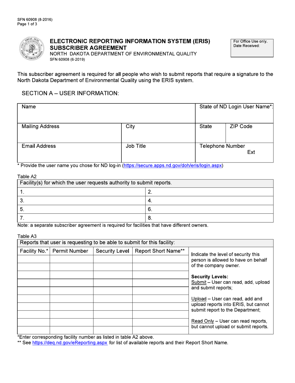 Form SFN6098 Electronic Reporting Information System (Eris) Subscriber Agreement - North Dakota, Page 1