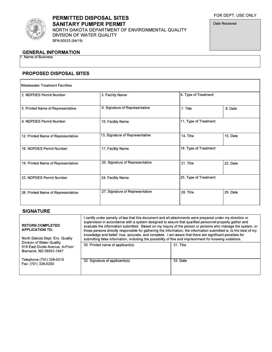 Form SFN60533 Permitted Disposal Sites Sanitary Pumper Permit - North Dakota, Page 1