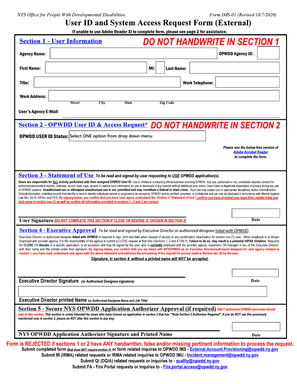 Form IMS-01 User Id and System Access Request Form (External) - New York, Page 1