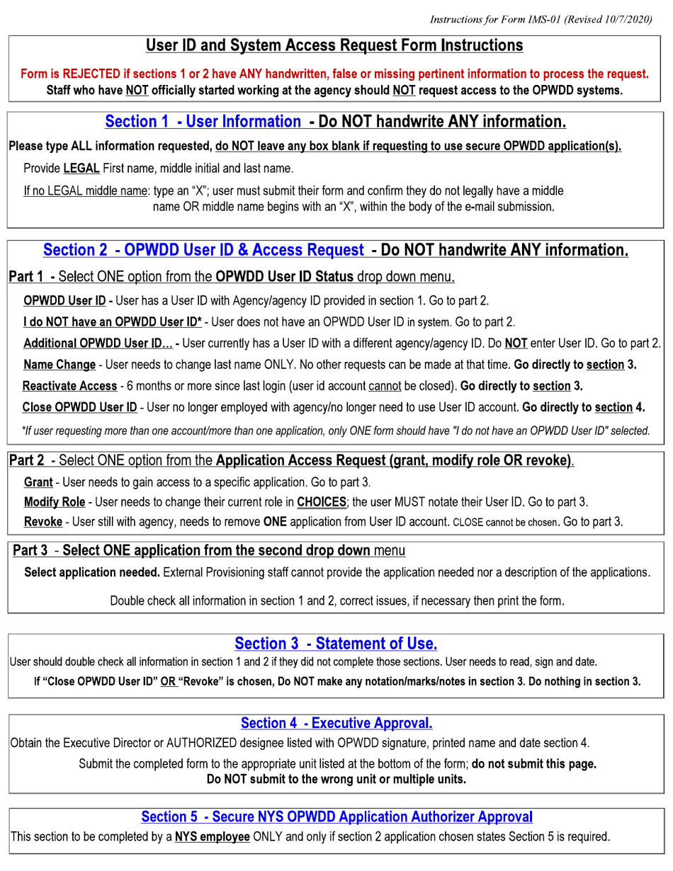 Form IMS-01 User Id and System Access Request Form (External) - New York, Page 2