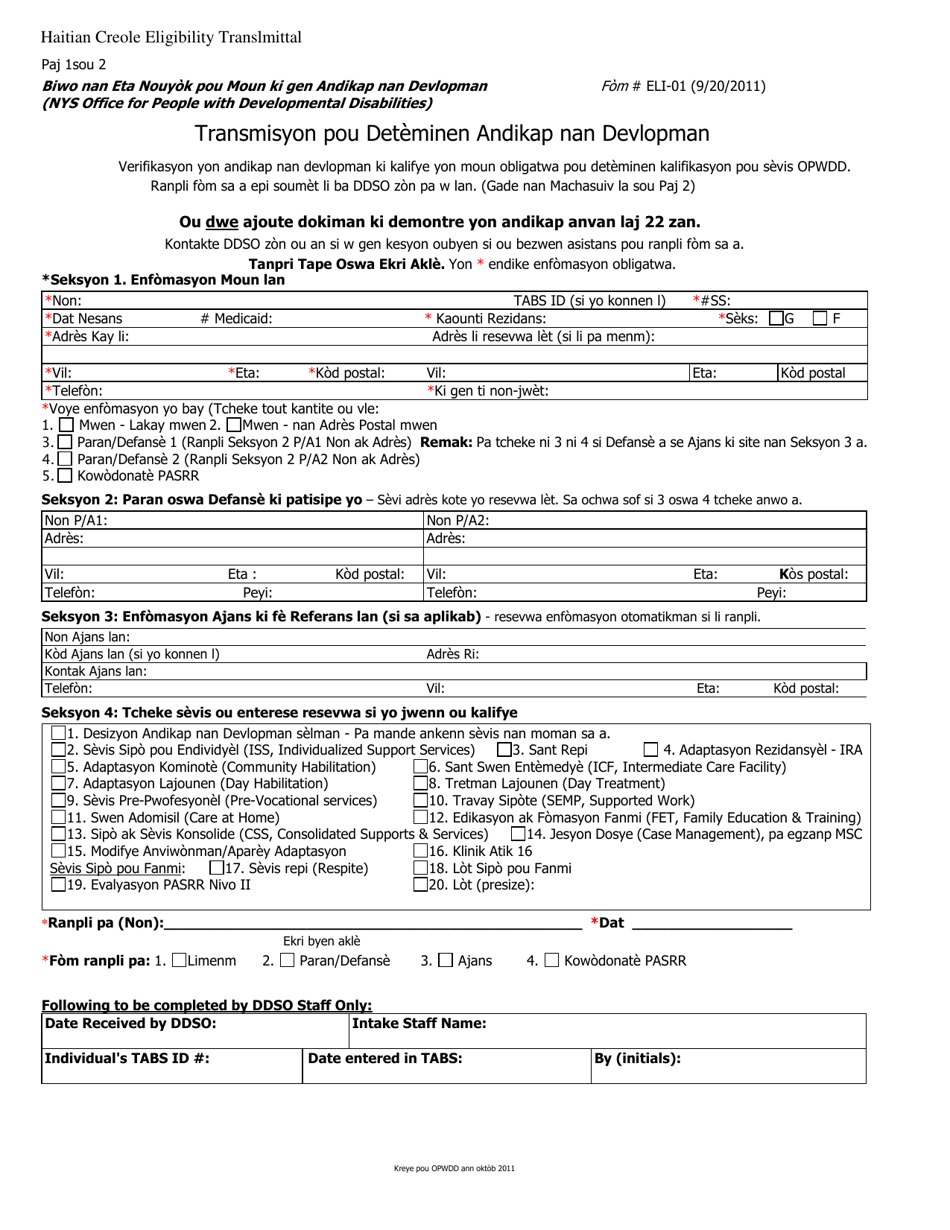 Form ELI-01 Transmittal Form for Determination of Developmental Disability - New York (Haitian Creole), Page 1