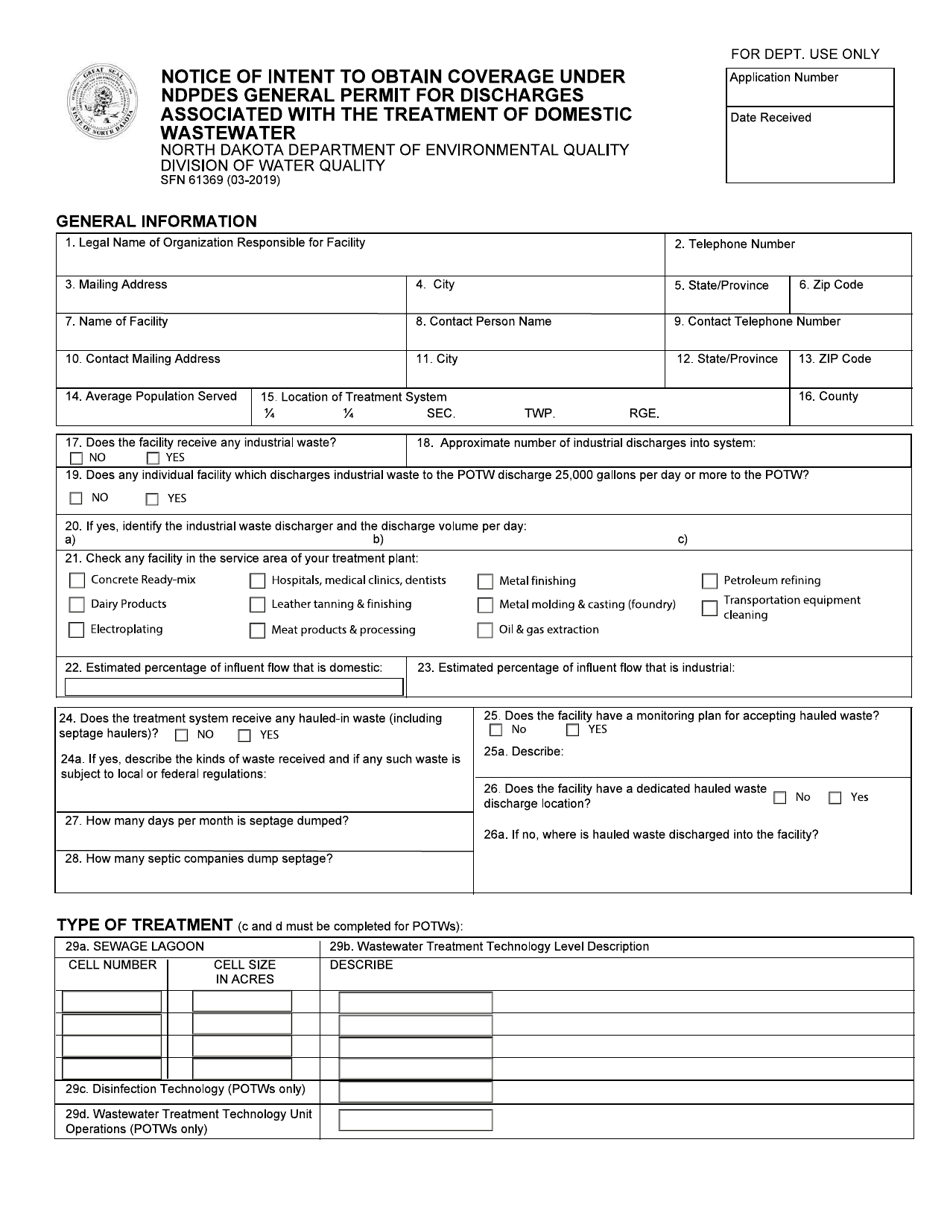 Form SFN61369 Notice of Intent to Obtain Coverage Under Ndpdes General Permit for Discharges Associated With the Treatment of Domestic Wastewater - North Dakota, Page 1