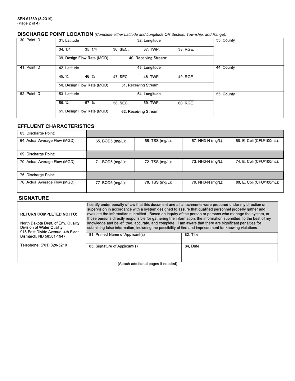 Form SFN61369 Notice of Intent to Obtain Coverage Under Ndpdes General Permit for Discharges Associated With the Treatment of Domestic Wastewater - North Dakota, Page 2