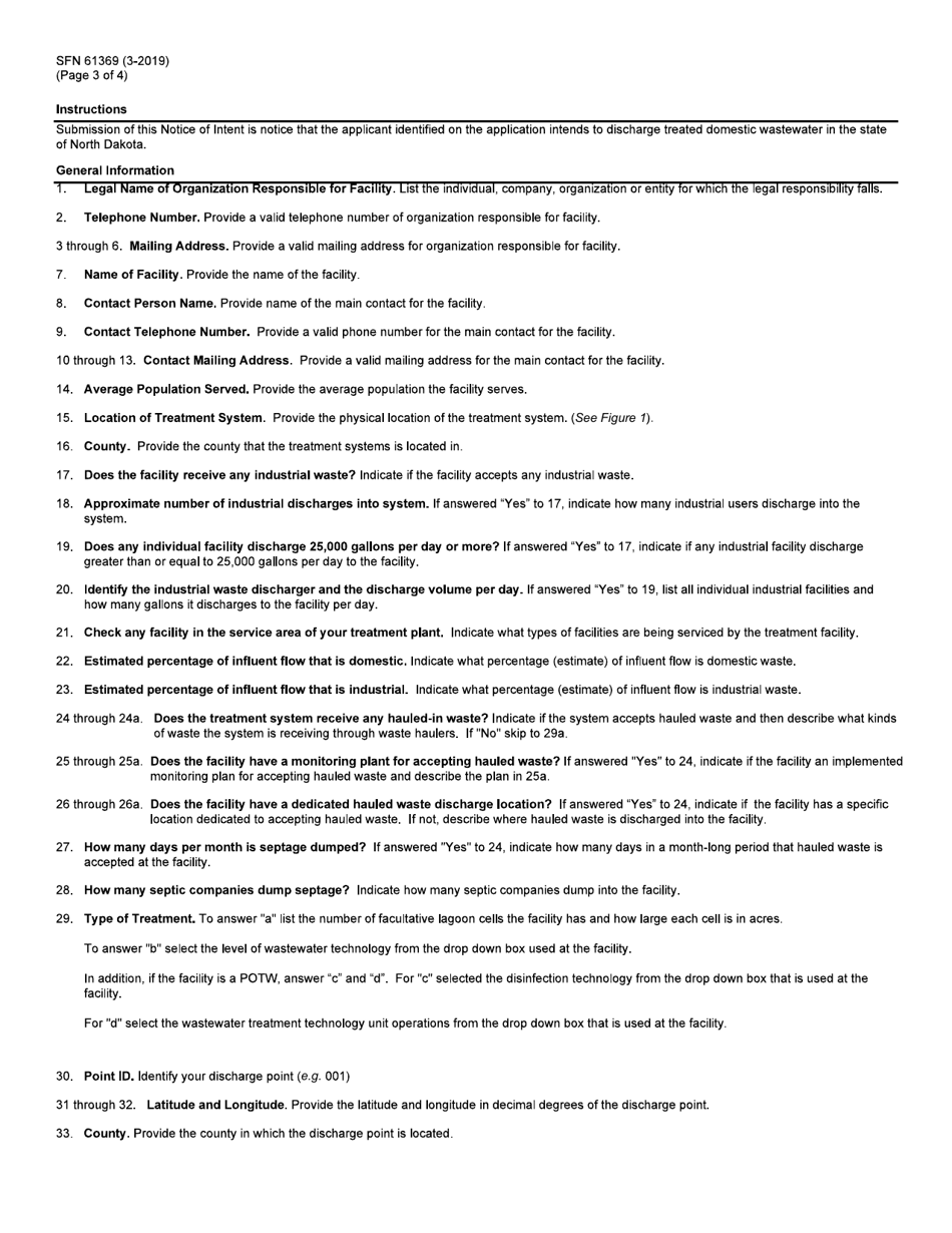 Form SFN61369 Notice of Intent to Obtain Coverage Under Ndpdes General Permit for Discharges Associated With the Treatment of Domestic Wastewater - North Dakota, Page 3