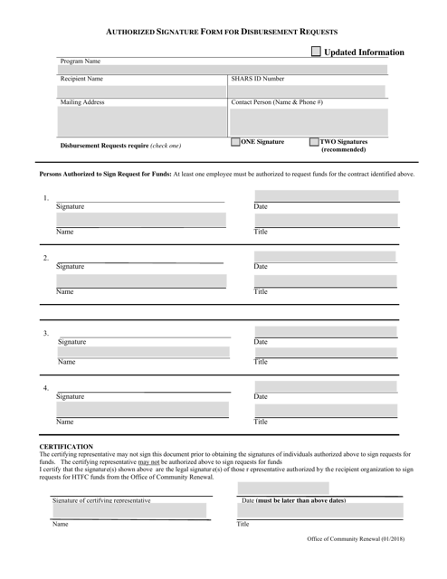 Authorized Signature Form for Disbursement Requests - New York Download Pdf