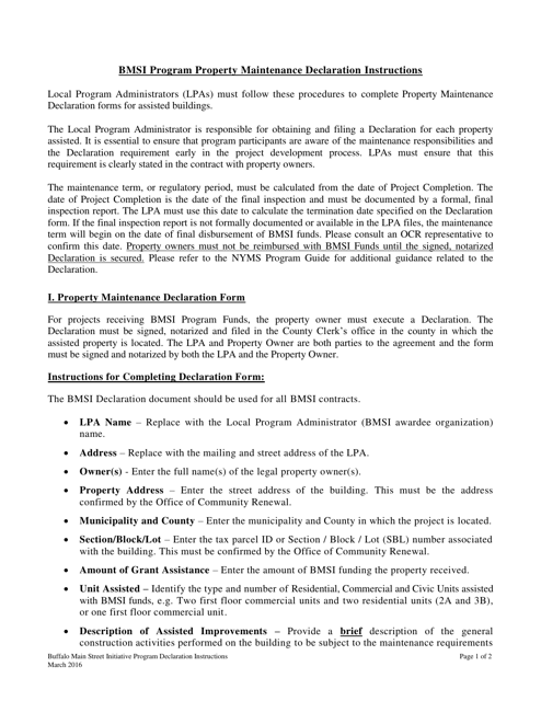 Instructions for Buffalo Main Street Initiative Program Property Maintenance Declaration Form - New York Download Pdf