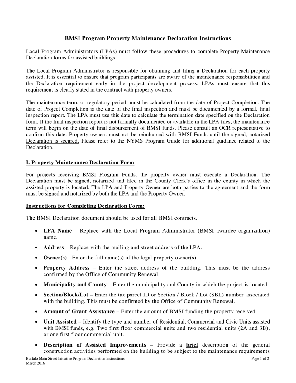 Instructions for Buffalo Main Street Initiative Program Property Maintenance Declaration Form - New York, Page 1
