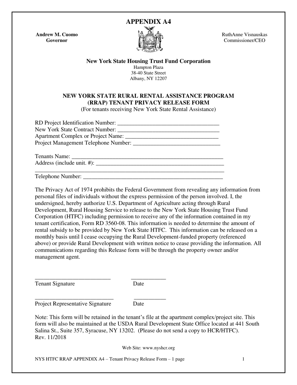 Appendix A4 New York State Rural Rental Assistance Program (Rrap) Tenant Privacy Release Form - New York, Page 1
