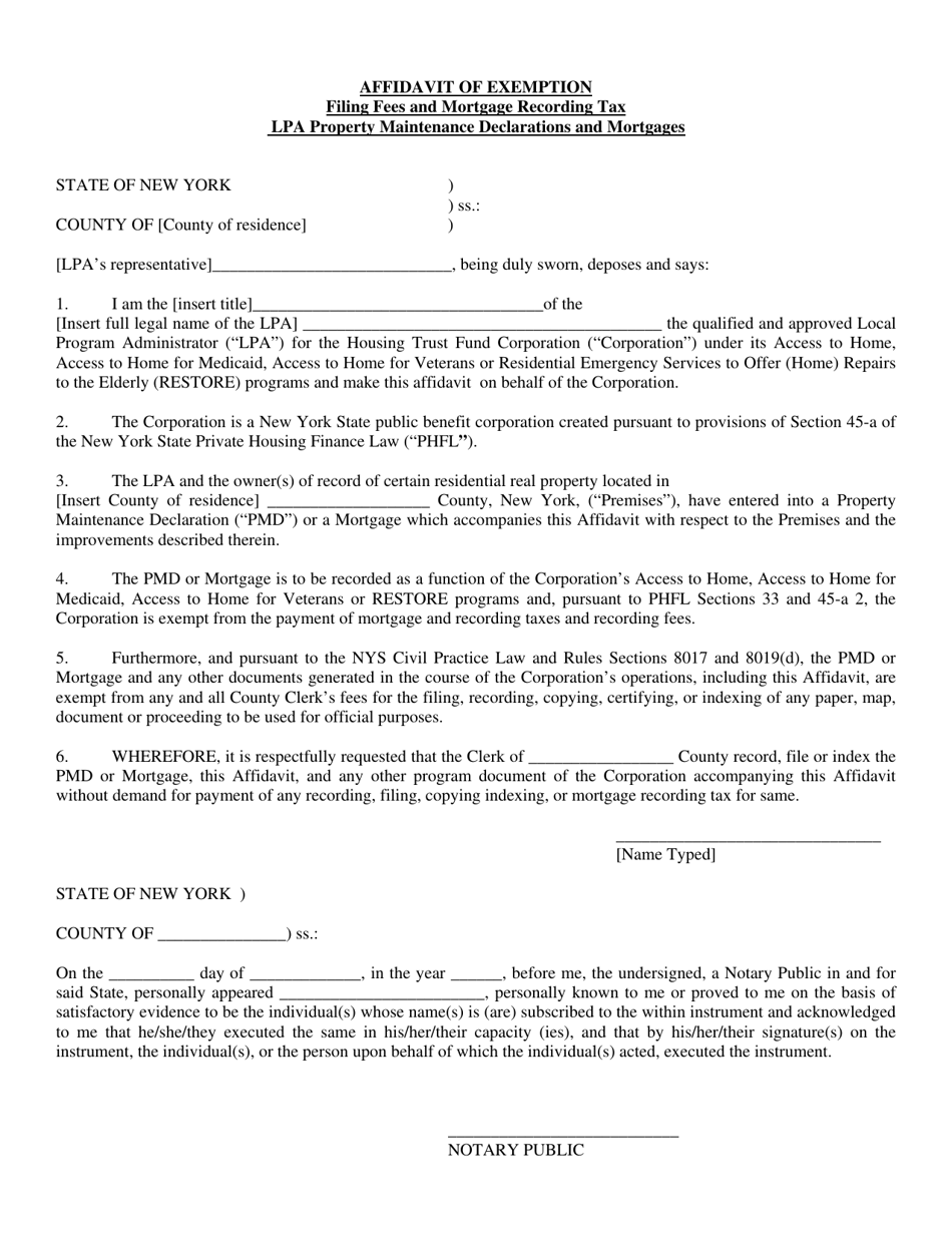 Affidavit of Exemption - New York, Page 1
