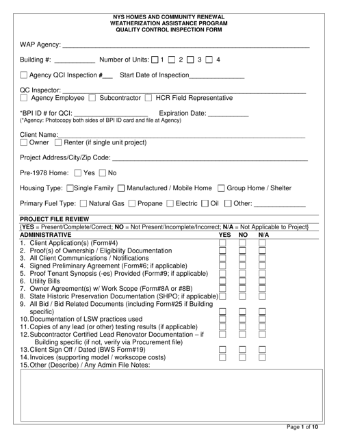Quality Control Inspection Form - New York Download Pdf