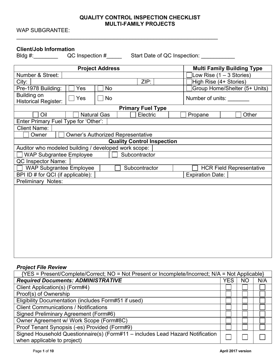 New York Quality Control Inspection Checklist - Multi-Family Projects ...