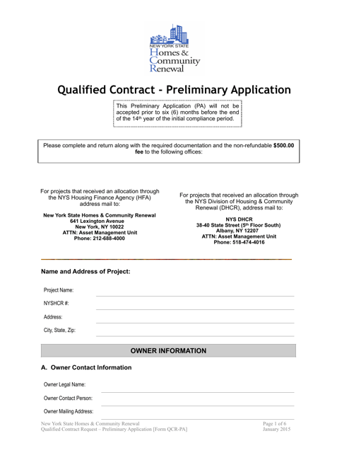 Form QCR-PA Qualified Contract - Preliminary Application - New York