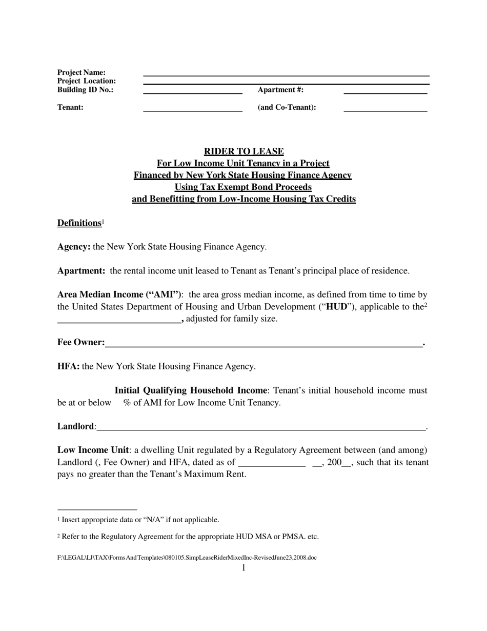 Rider to Lease for Low Income Unit Tenancy in a Project Financed by New York State Housing Finance Agency Using Tax Exempt Bond Proceeds and Benefitting From Low-Income Housing Tax Credits - New York, Page 1