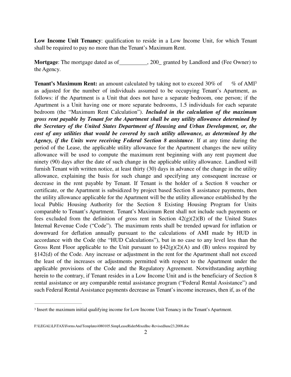 Rider to Lease for Low Income Unit Tenancy in a Project Financed by New York State Housing Finance Agency Using Tax Exempt Bond Proceeds and Benefitting From Low-Income Housing Tax Credits - New York, Page 2