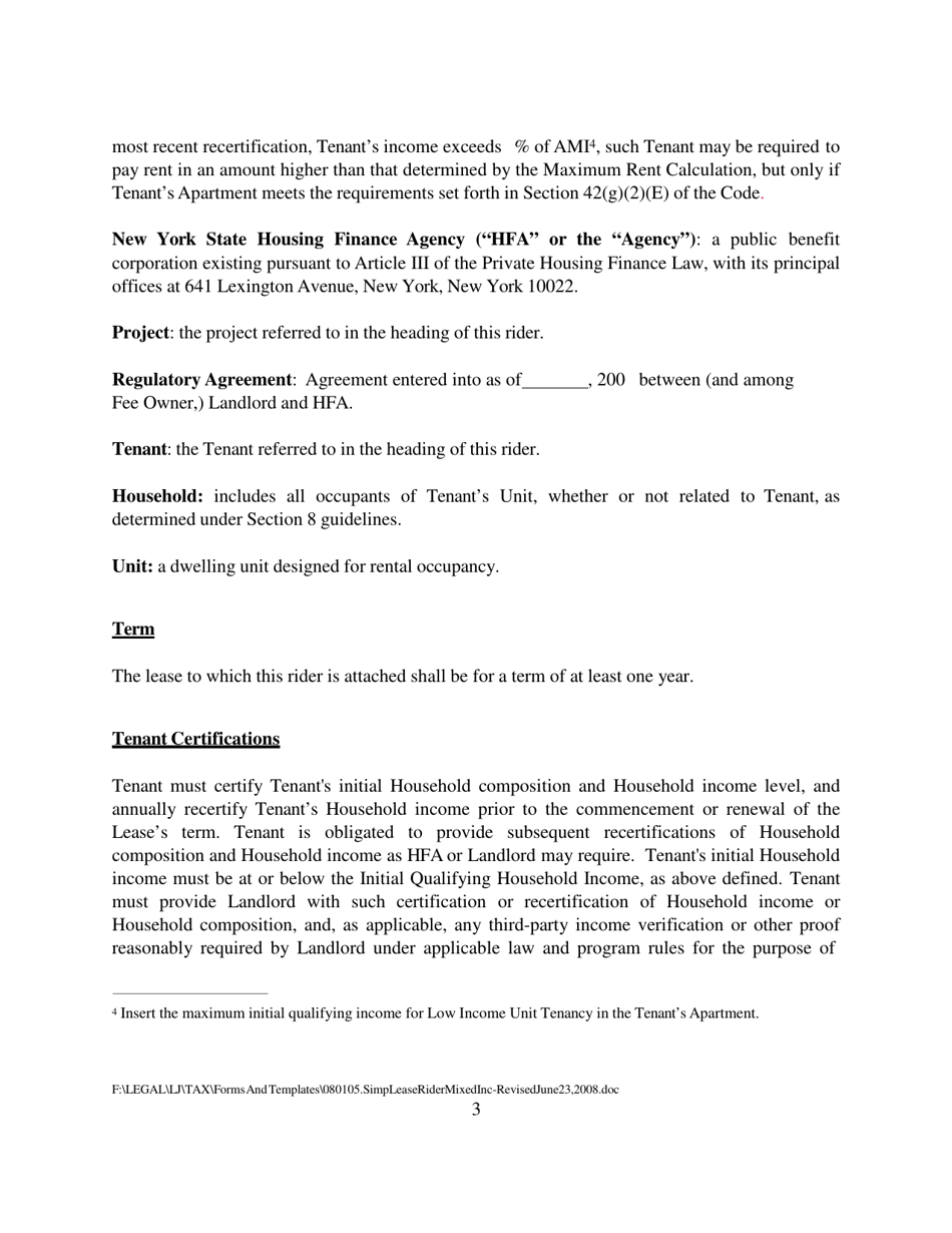 Rider to Lease for Low Income Unit Tenancy in a Project Financed by New York State Housing Finance Agency Using Tax Exempt Bond Proceeds and Benefitting From Low-Income Housing Tax Credits - New York, Page 3
