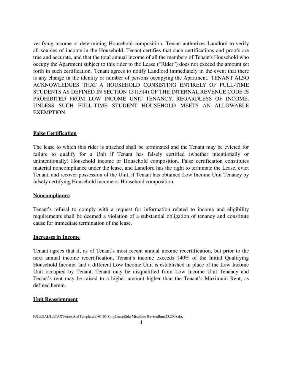 Rider to Lease for Low Income Unit Tenancy in a Project Financed by New York State Housing Finance Agency Using Tax Exempt Bond Proceeds and Benefitting From Low-Income Housing Tax Credits - New York, Page 4