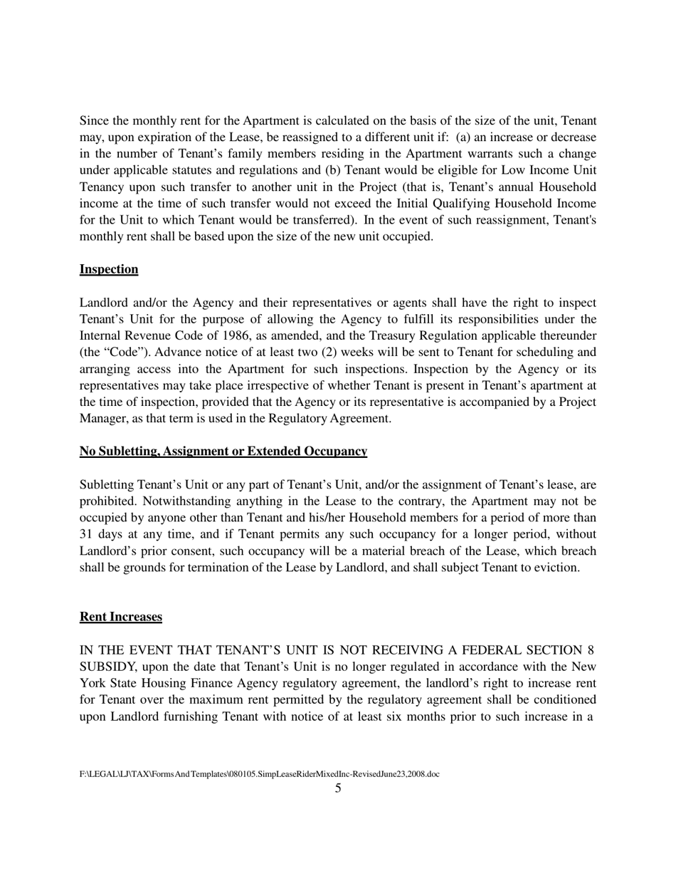 Rider to Lease for Low Income Unit Tenancy in a Project Financed by New York State Housing Finance Agency Using Tax Exempt Bond Proceeds and Benefitting From Low-Income Housing Tax Credits - New York, Page 5