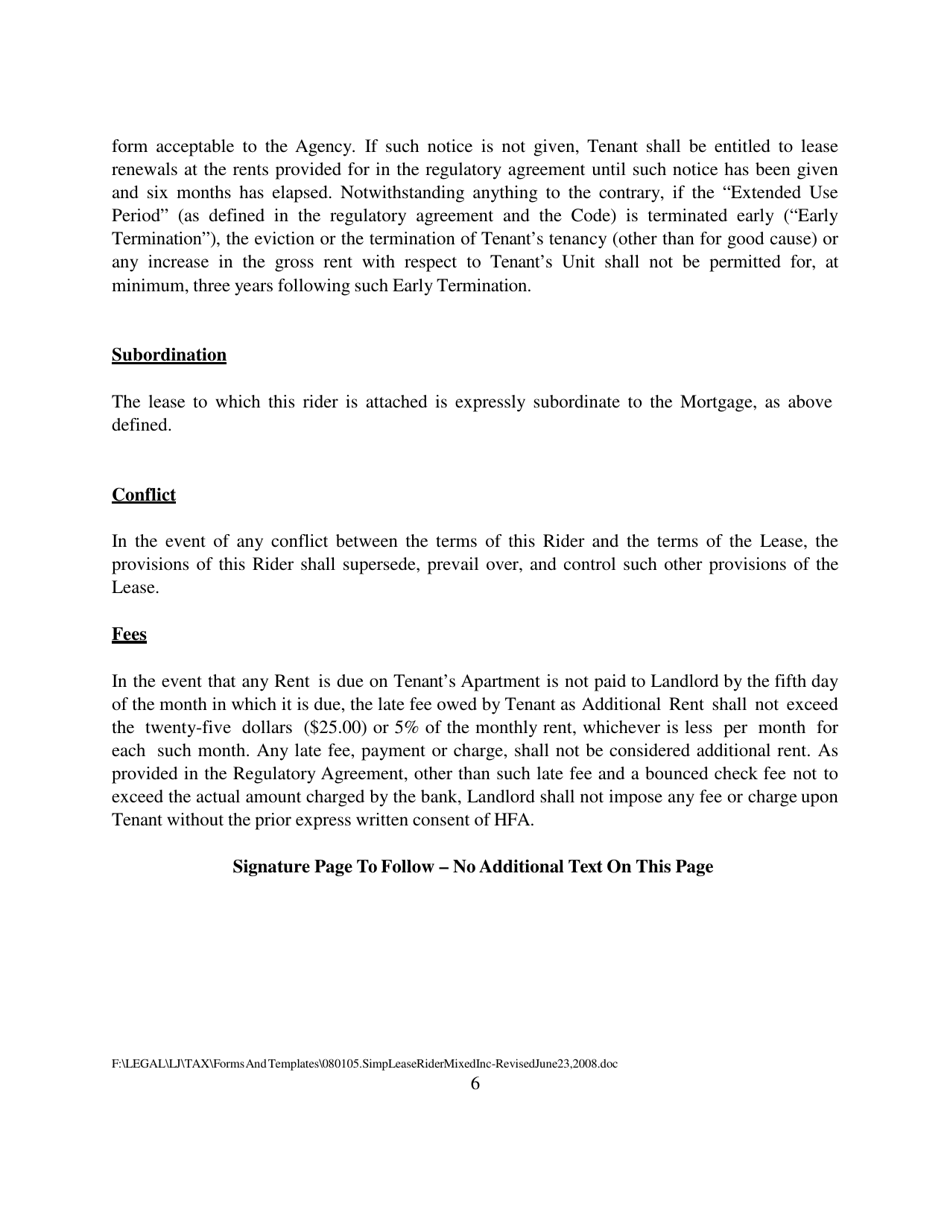 Rider to Lease for Low Income Unit Tenancy in a Project Financed by New York State Housing Finance Agency Using Tax Exempt Bond Proceeds and Benefitting From Low-Income Housing Tax Credits - New York, Page 6