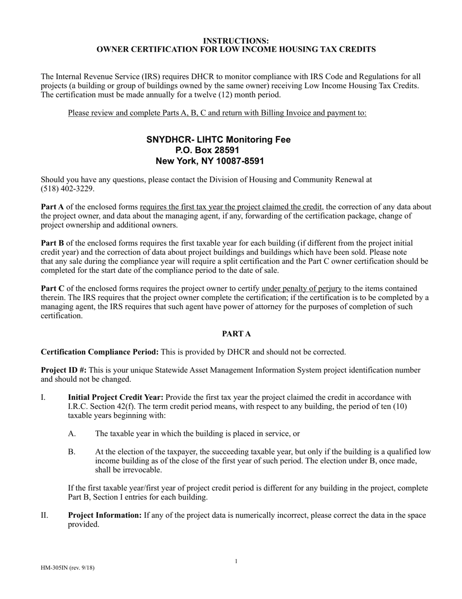 Instructions for Owner Certification for Low Income Housing Tax Credits - New York, Page 1
