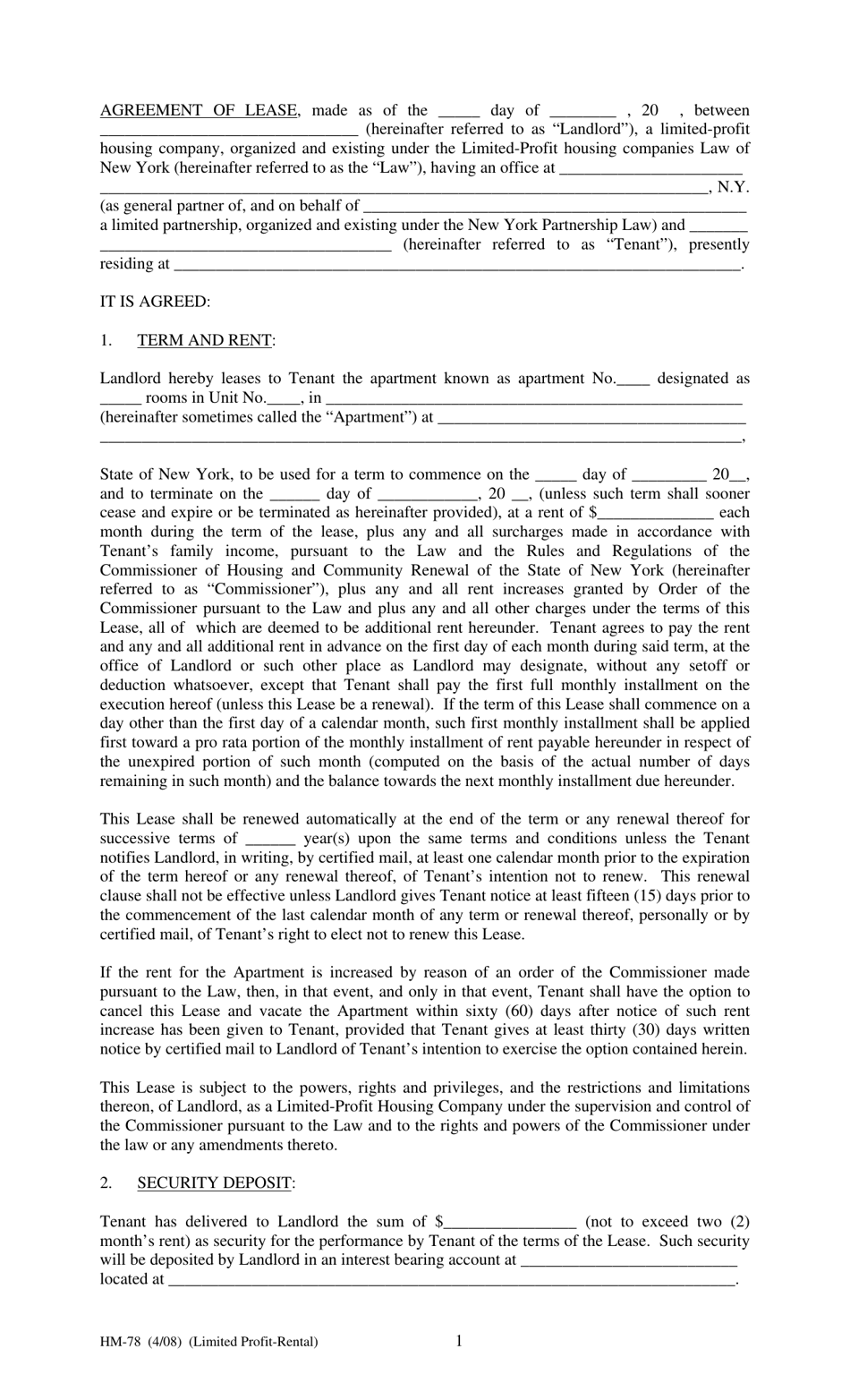 Form HM-78 Agreement of Lease, Limited Profit Rental - New York, Page 1