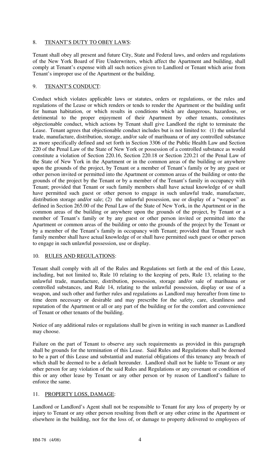 Form HM-78 Agreement of Lease, Limited Profit Rental - New York, Page 4