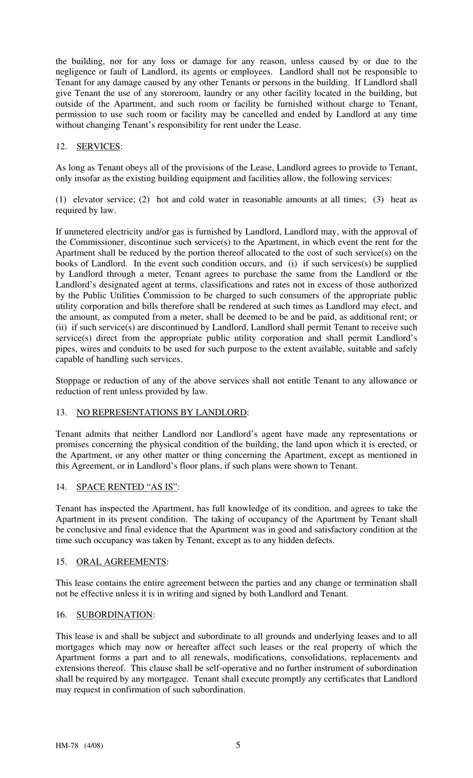 Form HM-78 Agreement of Lease, Limited Profit Rental - New York, Page 5