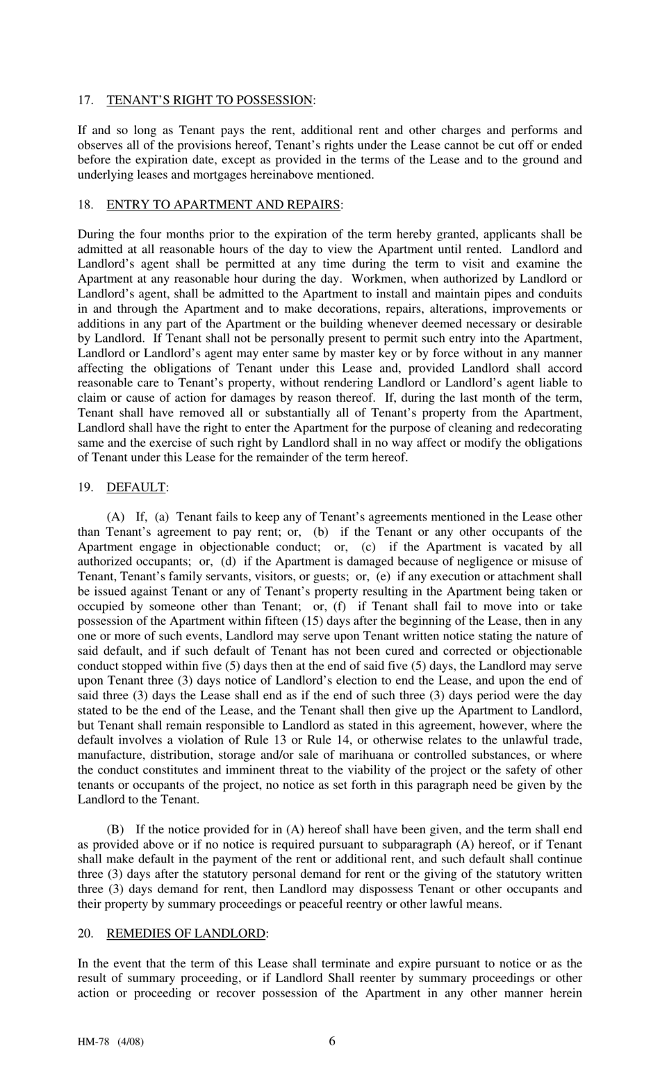 Form HM-78 Agreement of Lease, Limited Profit Rental - New York, Page 6