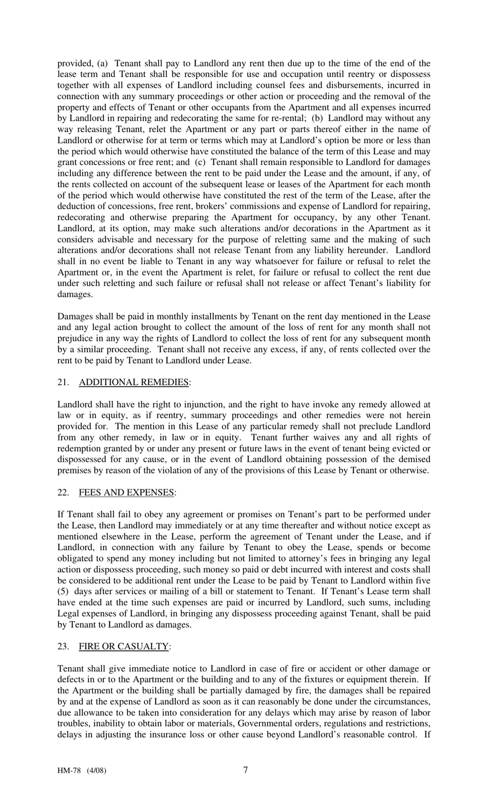Form HM-78 Agreement of Lease, Limited Profit Rental - New York, Page 7