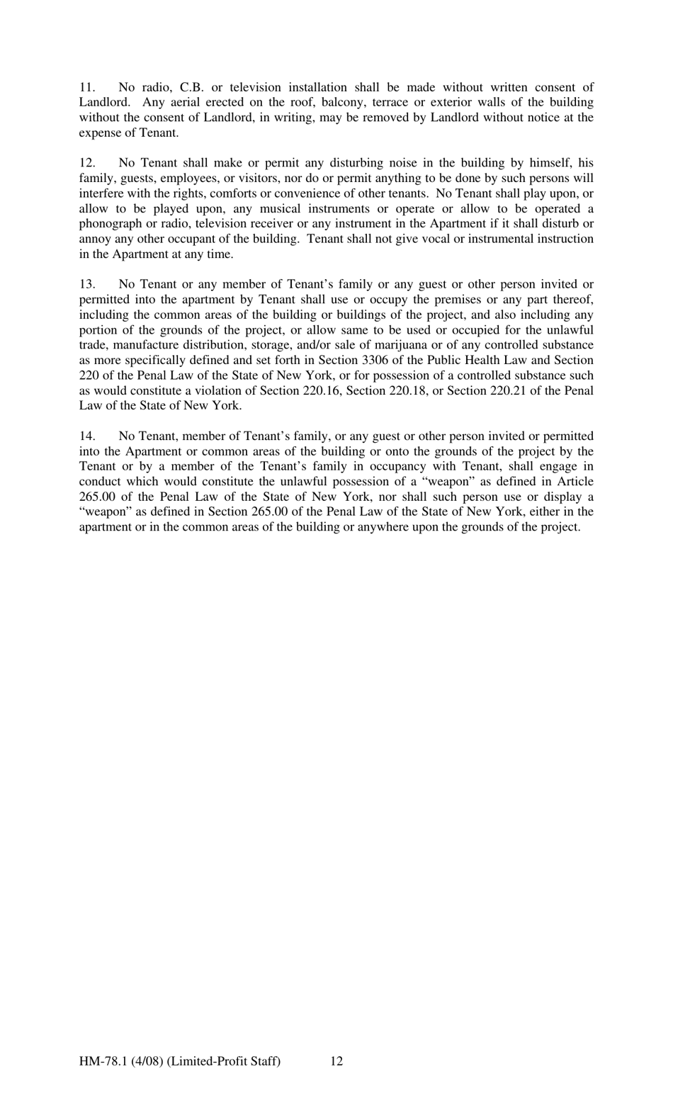 Form HM-78.1 Agreement of Lease, Limited Profit Staff - New York, Page 12