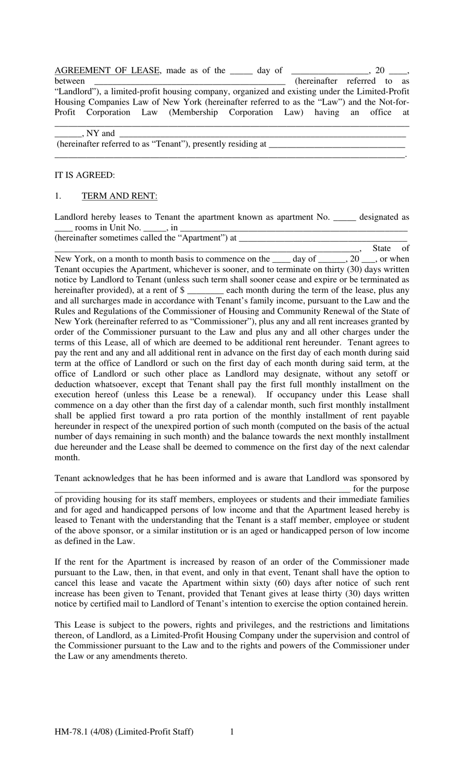 Form HM-78.1 Agreement of Lease, Limited Profit Staff - New York, Page 1