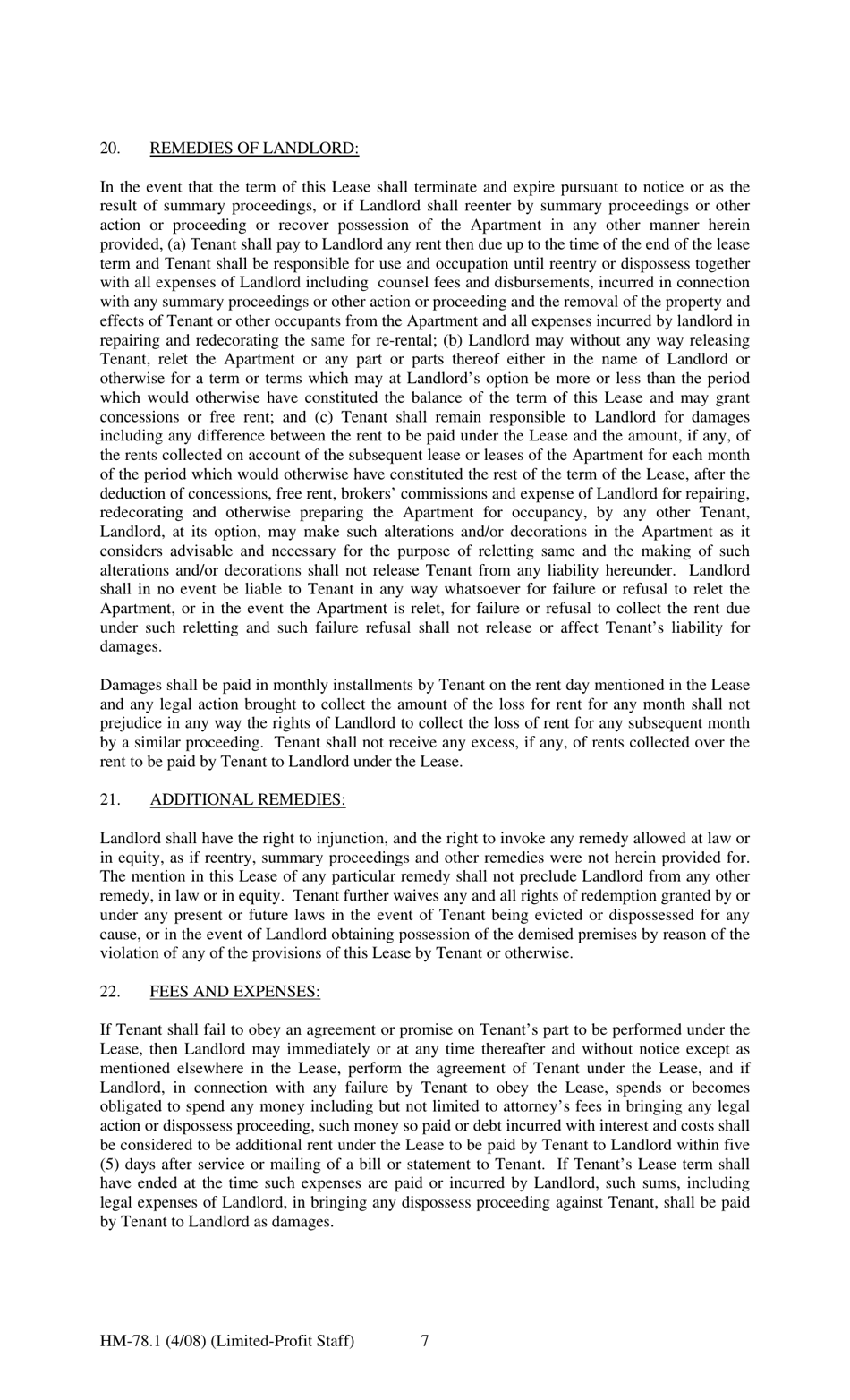 Form HM-78.1 Agreement of Lease, Limited Profit Staff - New York, Page 7