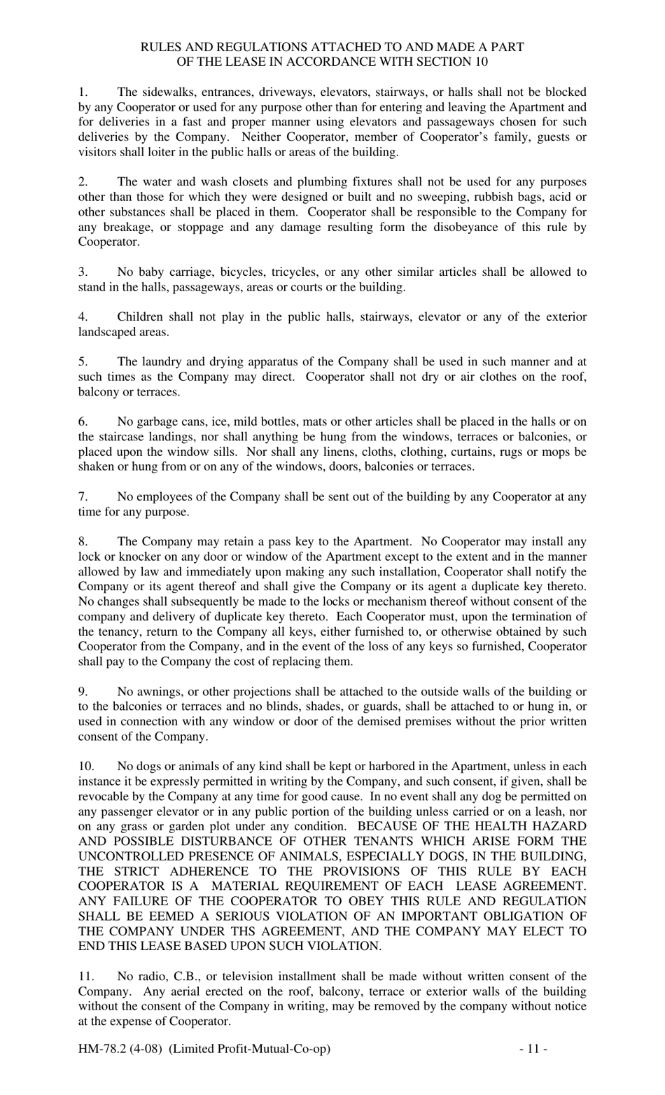 Form HM-78.2 Agreement of Lease, Limited Profit Mutual Co-op - New York, Page 11