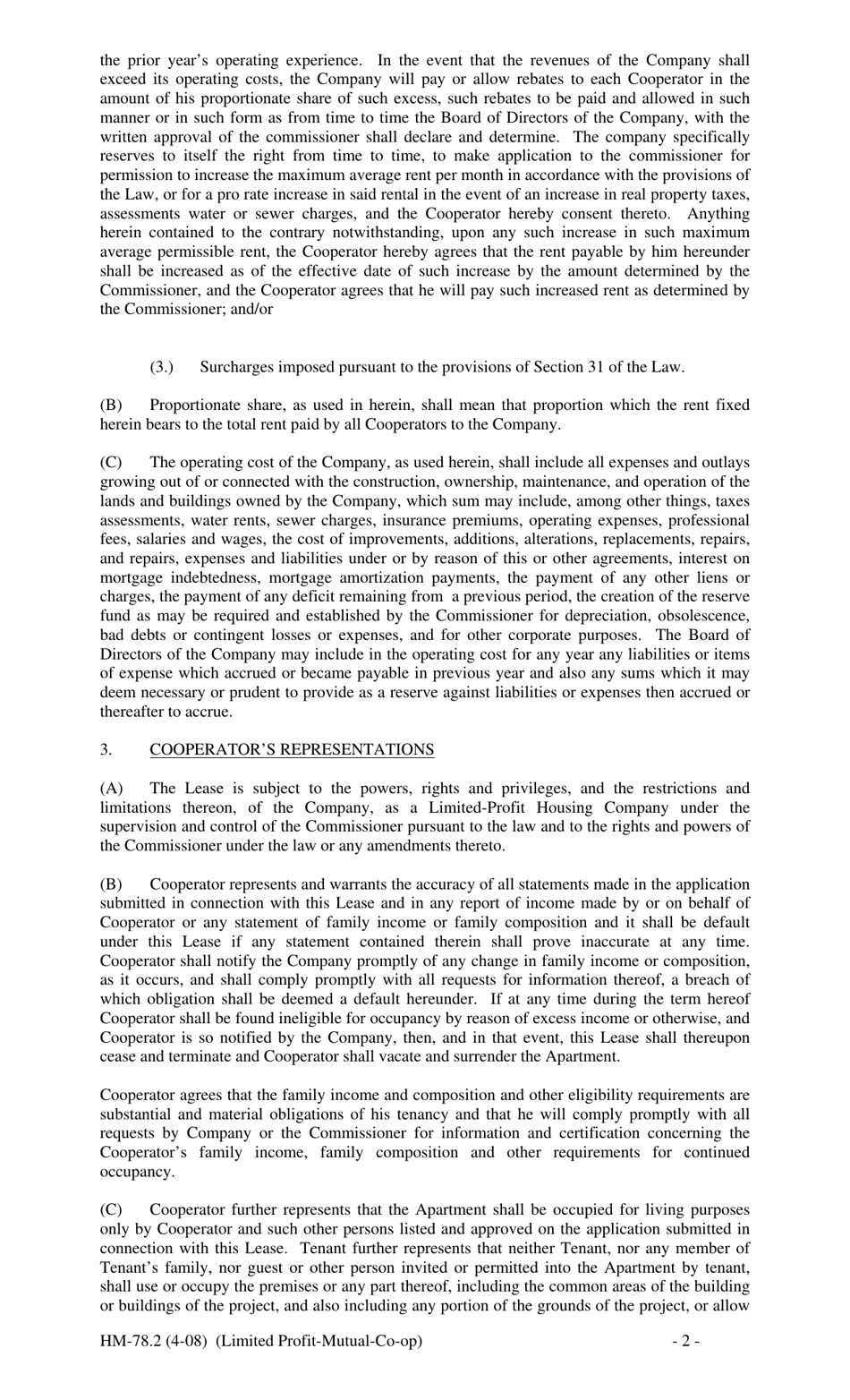 Form HM-78.2 Agreement of Lease, Limited Profit Mutual Co-op - New York, Page 2