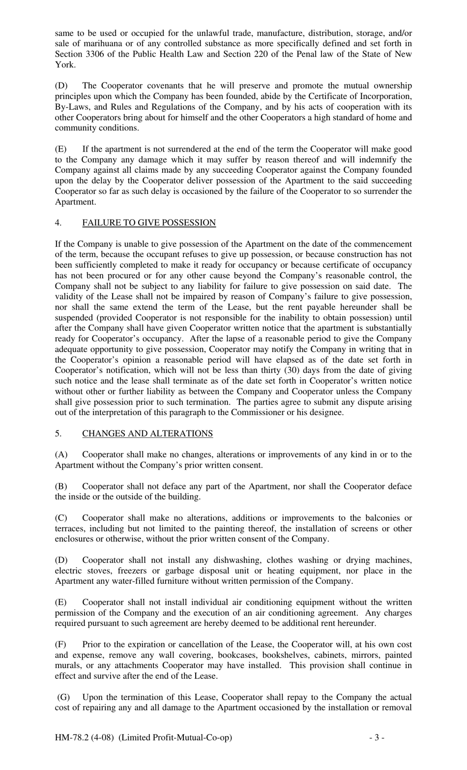 Form HM-78.2 Agreement of Lease, Limited Profit Mutual Co-op - New York, Page 3