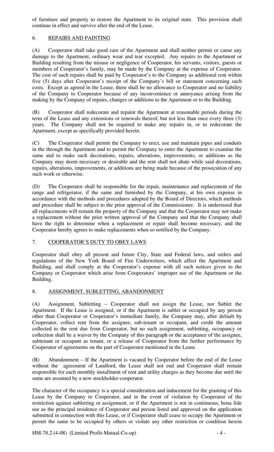Form HM-78.2 Agreement of Lease, Limited Profit Mutual Co-op - New York, Page 4